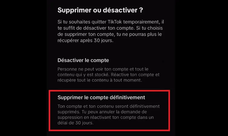 choix suppression compte